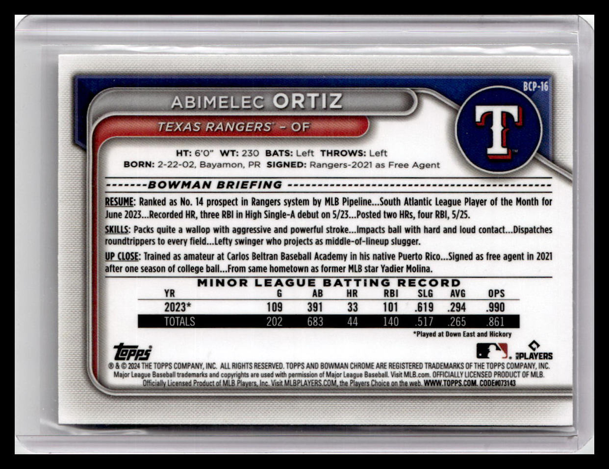 2024 Bowman #BCP-16 Abimelec Ortiz Chrome Prospects 1st Bowman