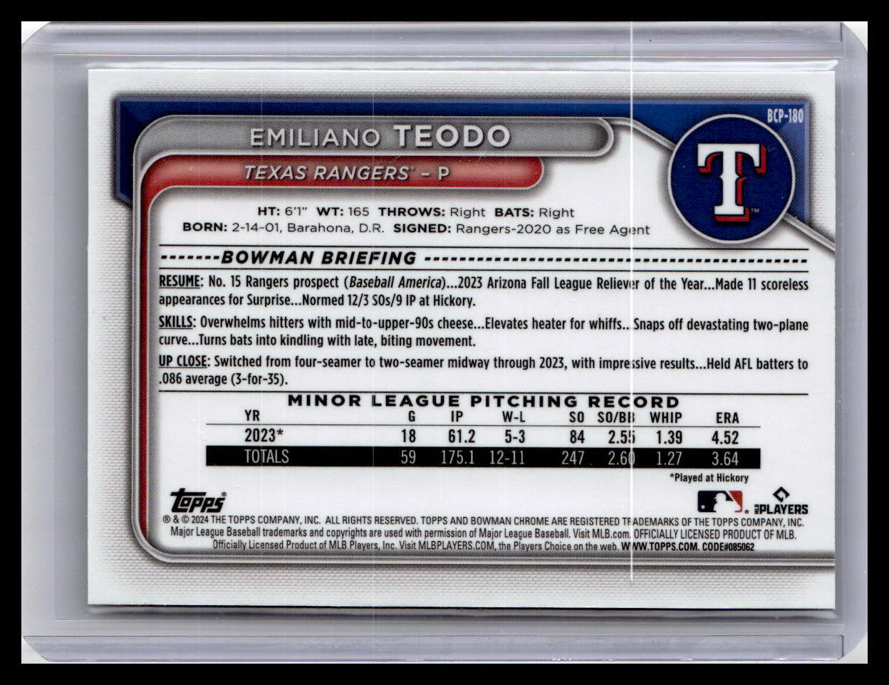 2024 Bowman Chrome #BCP-180 Emiliano Teodo Prospects 1st Bowman