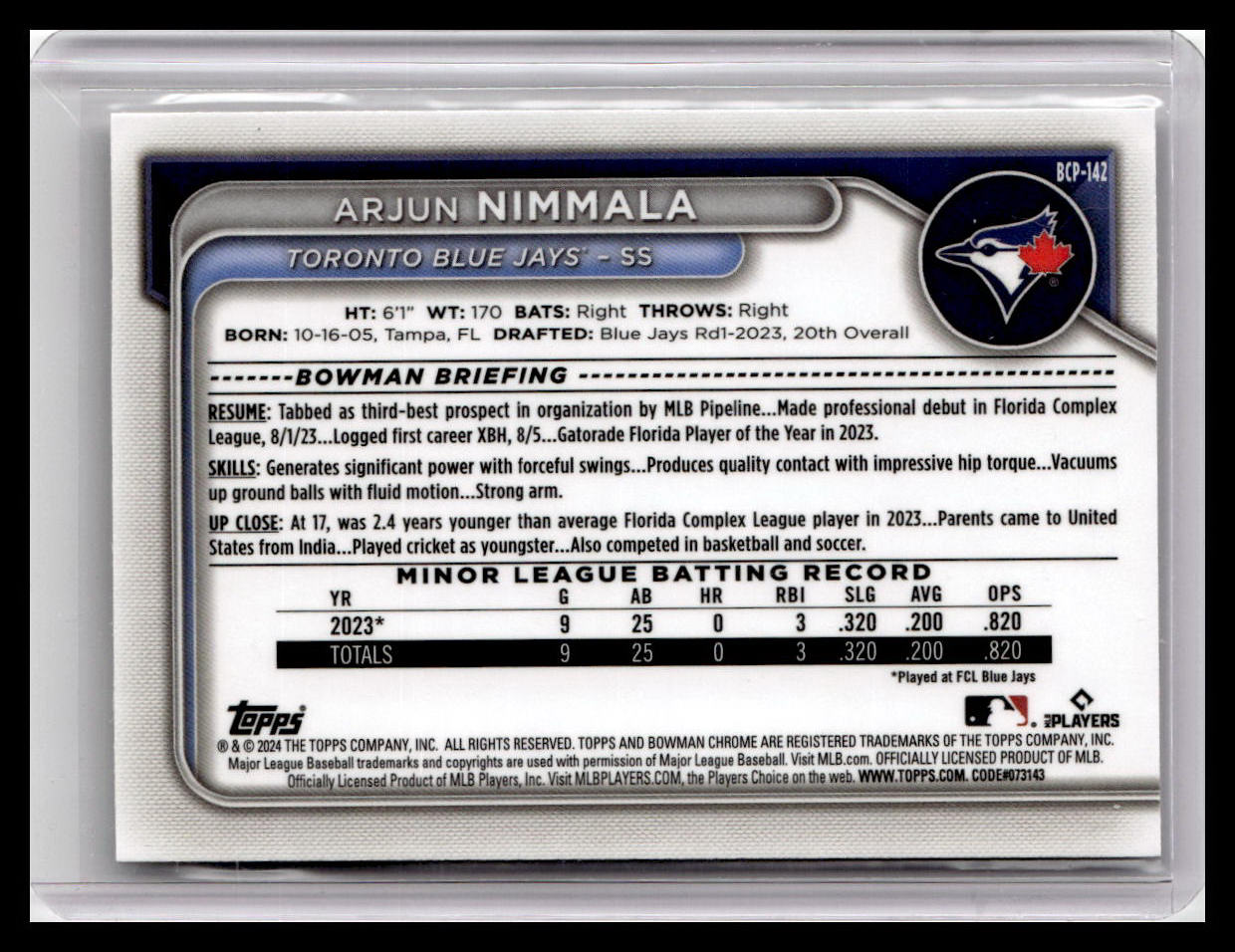 2024 Bowman #BCP-142 Arjun Nimmala Chrome Prospects 1st Bowman