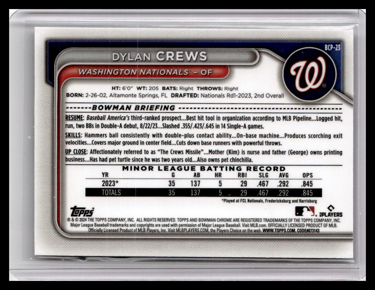 2024 Bowman #BCP-23 Dylan Crews Chrome Prospects 1st Bowman