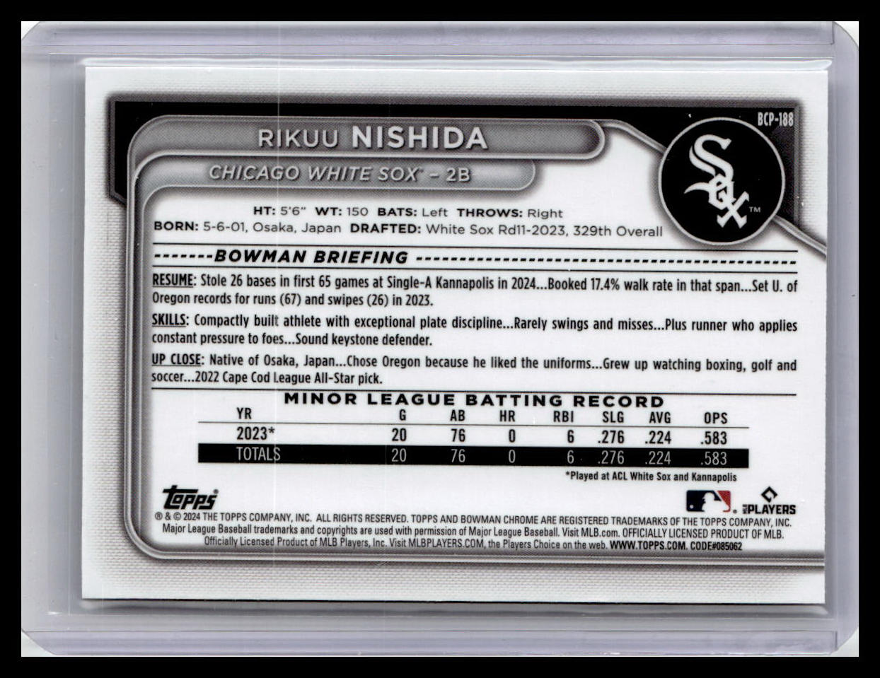 2024 Bowman Chrome #BCP-188 Rikuu Nishida Prospects