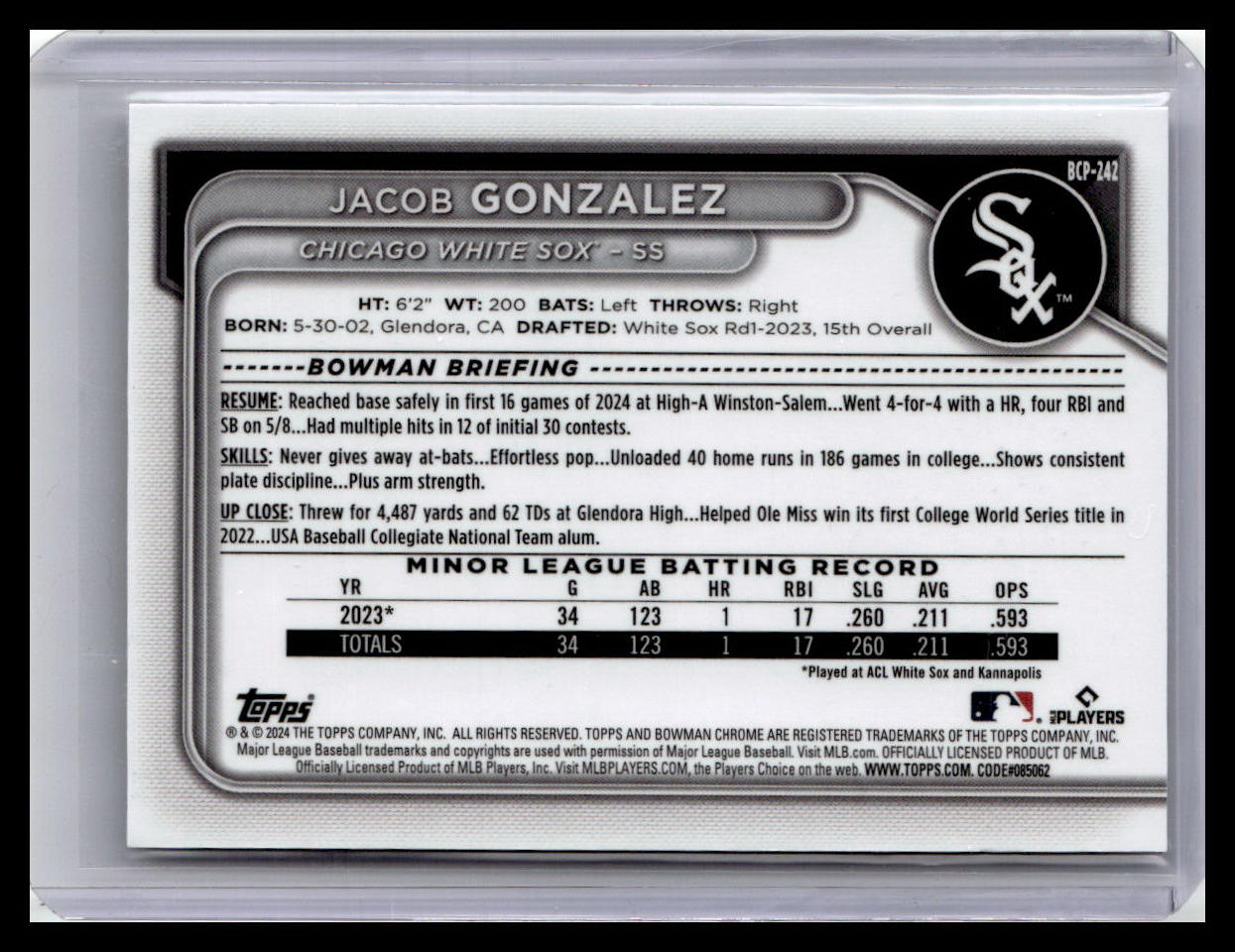 2024 Bowman Chrome #BCP-242 Jacob Gonzalez Prospects