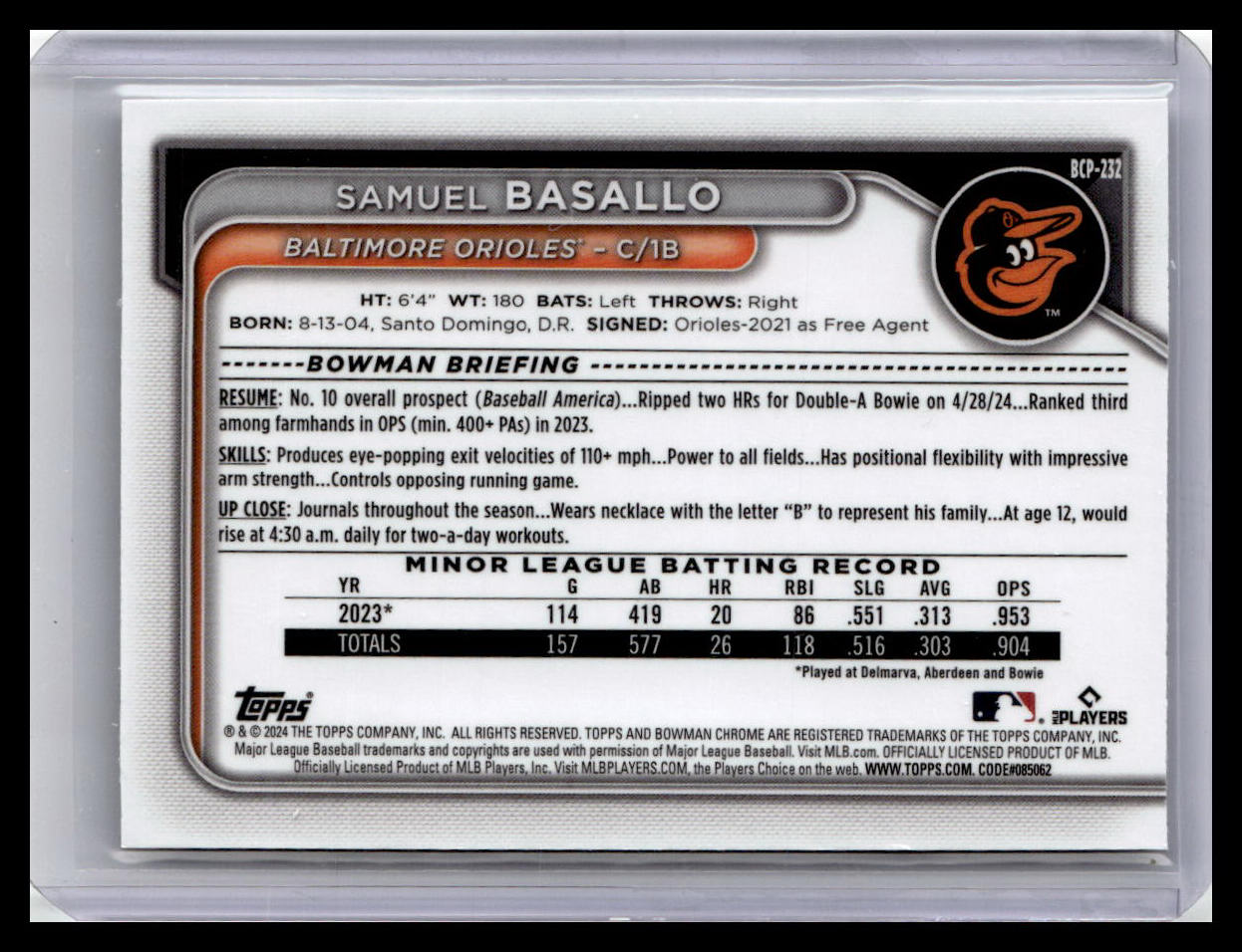 2024 Bowman Chrome #BCP-232 Samuel Basallo Prospects
