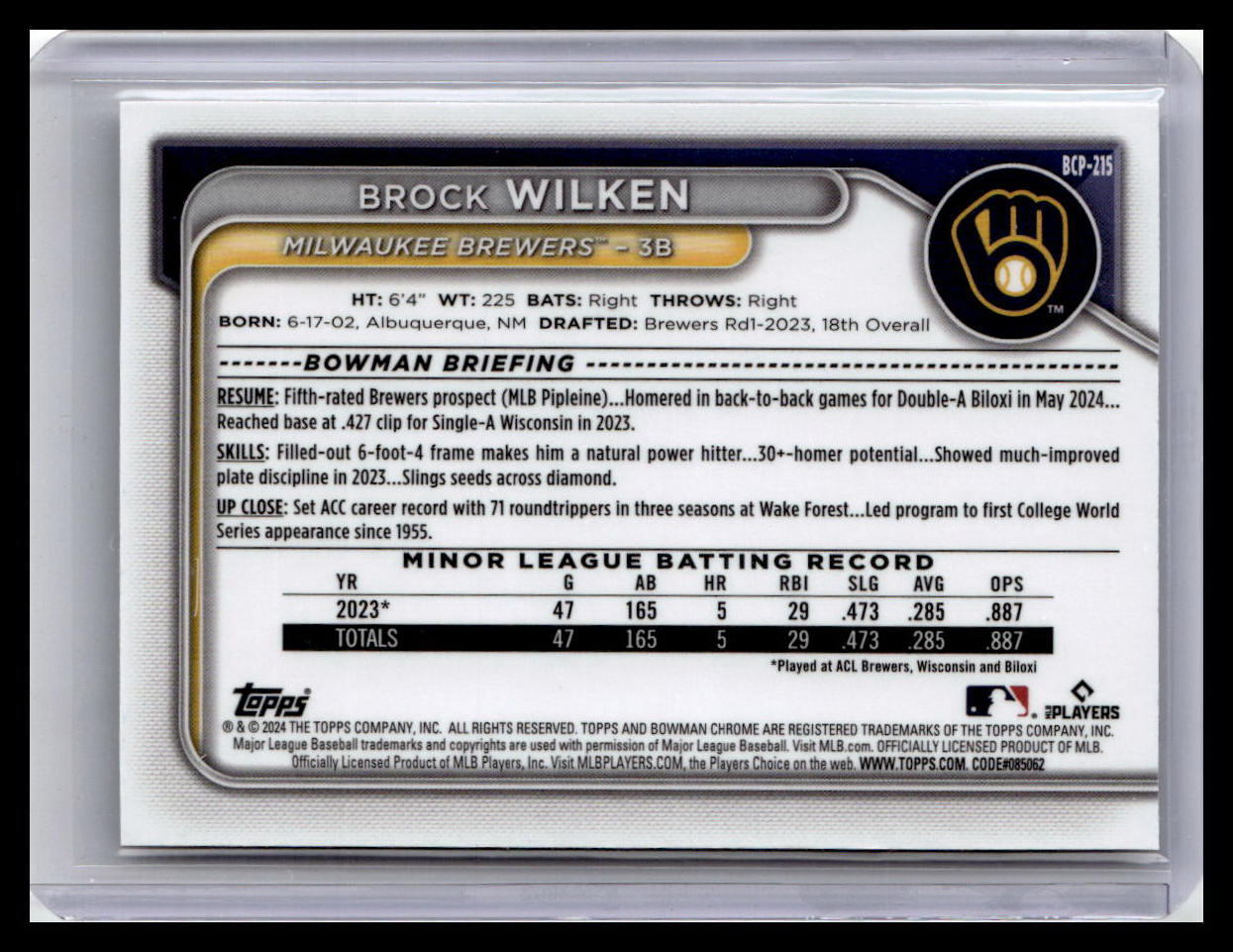 2024 Bowman Chrome #BCP-215 Brock Wilken Prospects