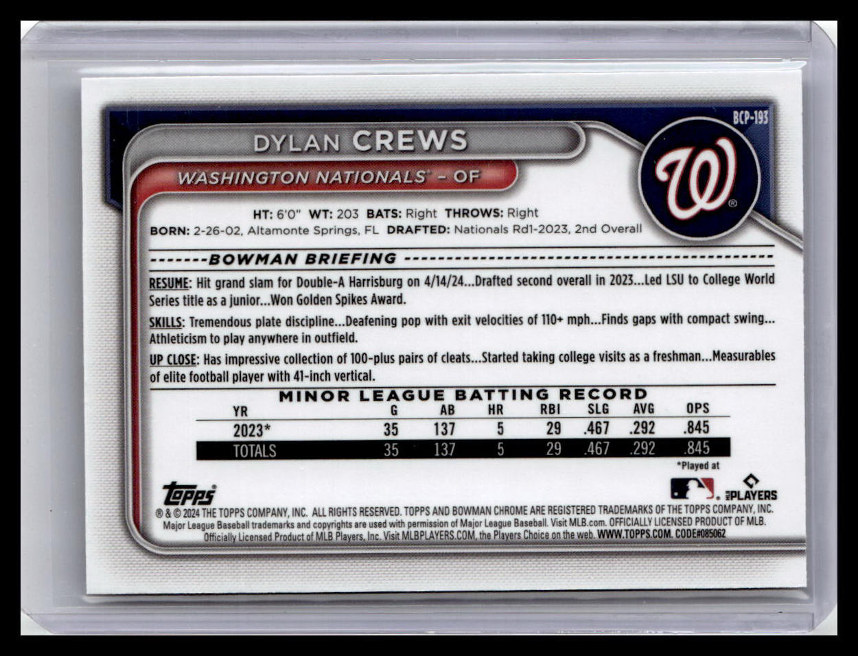 2024 Bowman Chrome #BCP-193 Dylan Crews Prospects