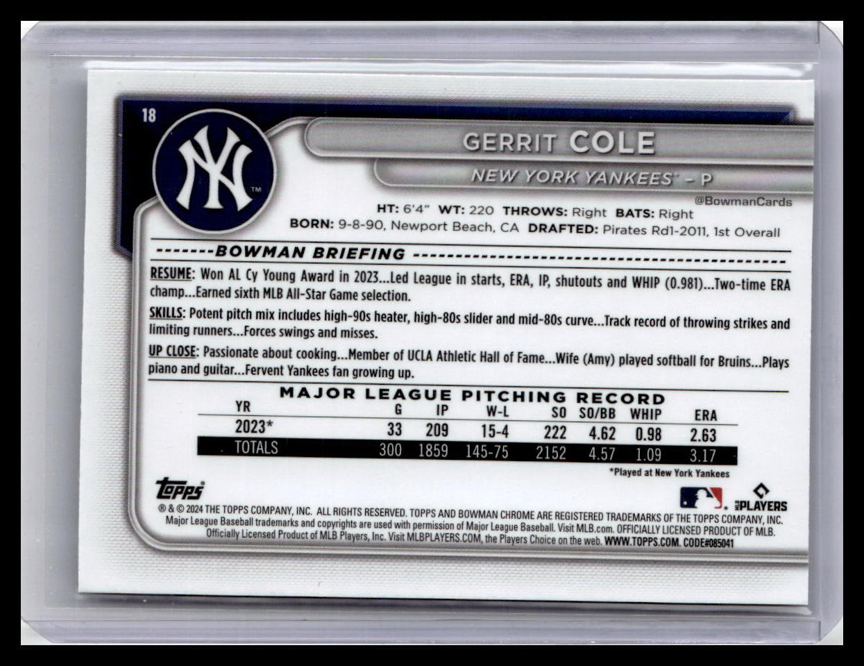 2024 Bowman Chrome #18 Gerrit Cole