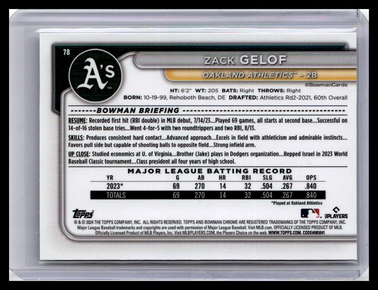 2024 Bowman Chrome #78 Zack Gelof