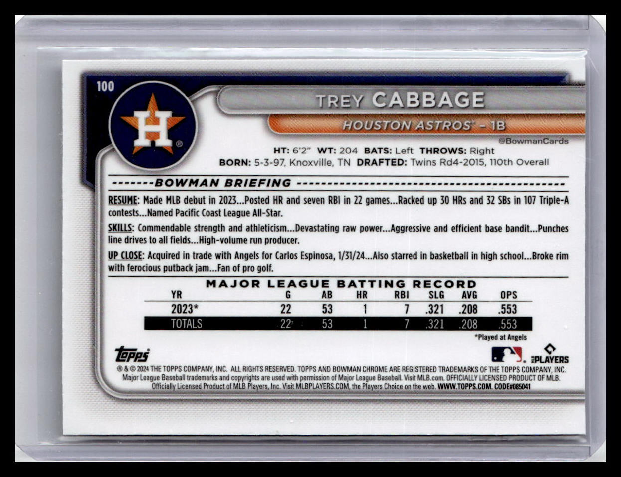 2024 Bowman Chrome #100 Trey Cabbage