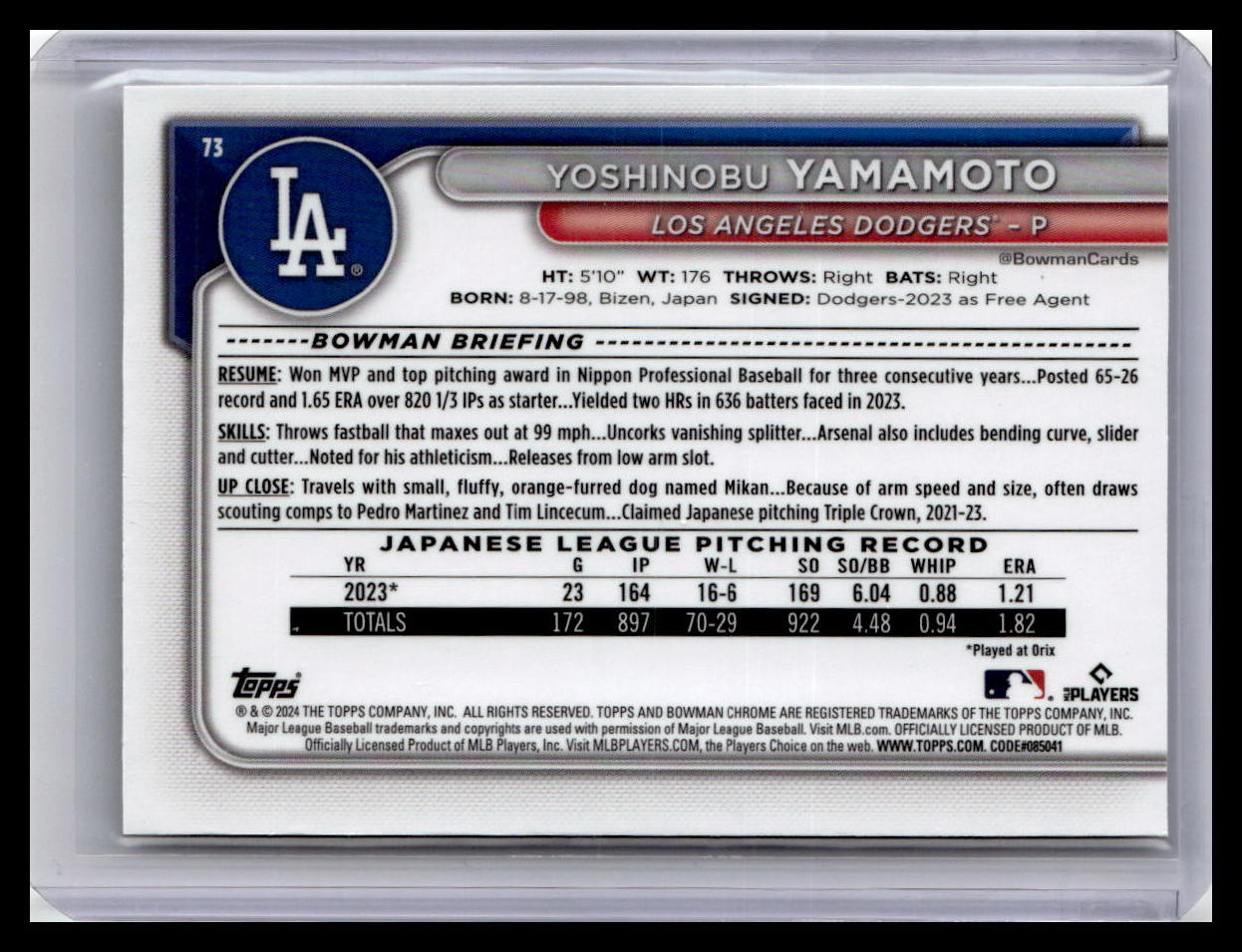 2024 Bowman Chrome #73 Yoshinobu Yamamoto