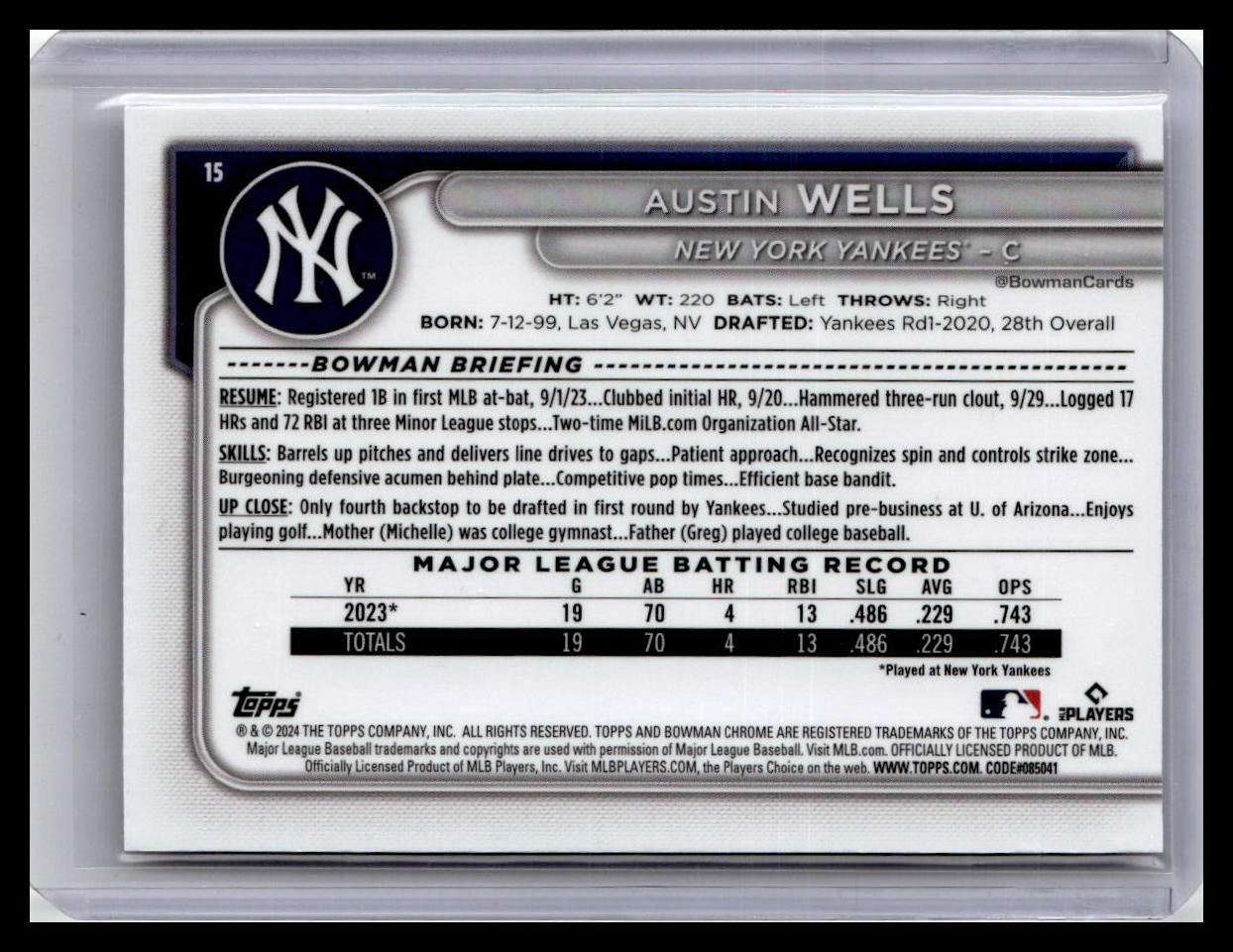 2024 Bowman Chrome #15 Austin Wells