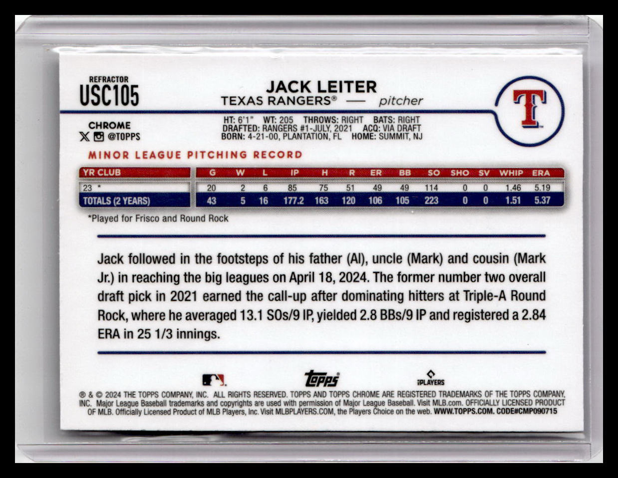 2024 Topps Chrome Update #USC105 Jack Leiter