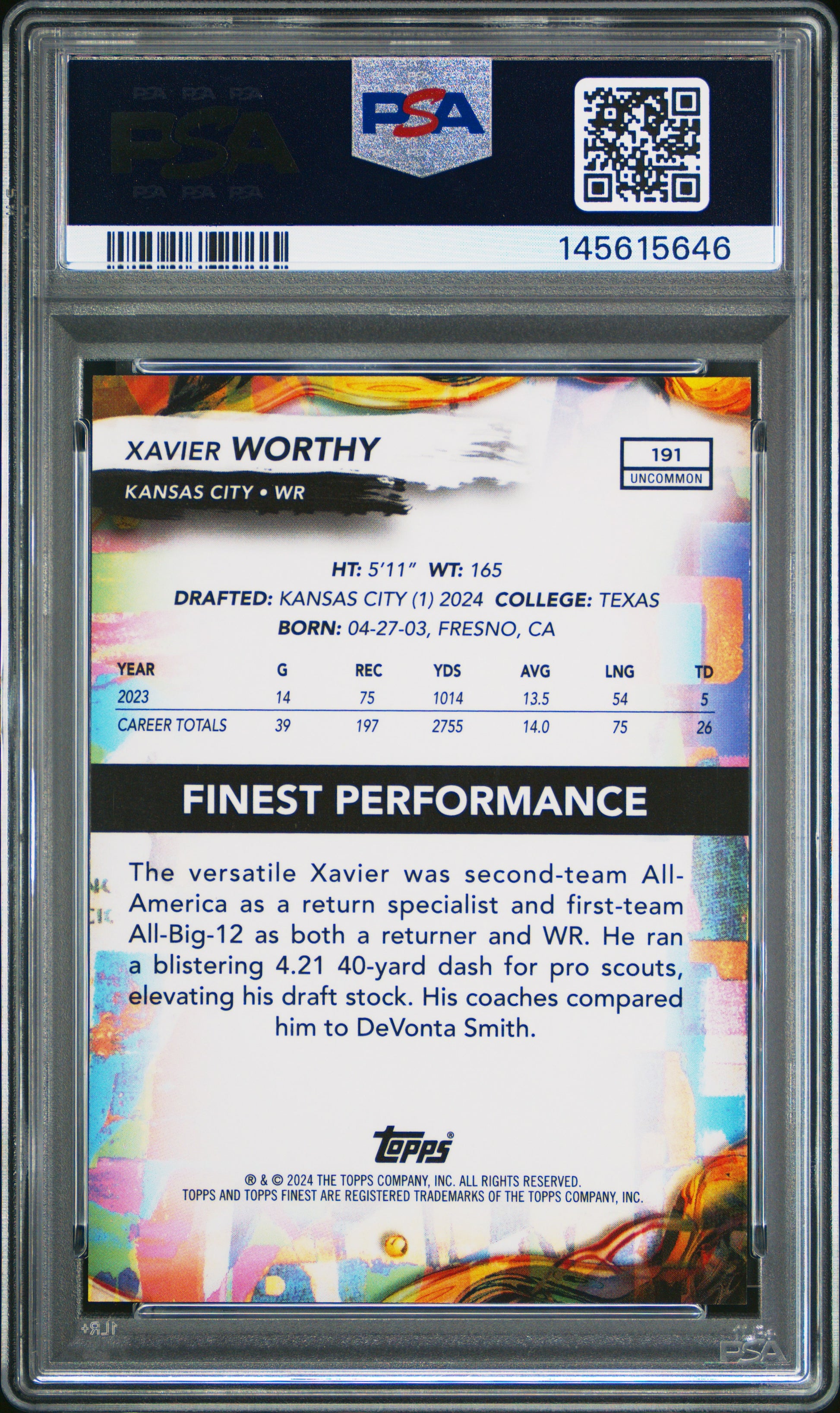 2024 Topps Finest #191 Xavier Worthy Oil Spill Refractor 13/15 PSA 9
