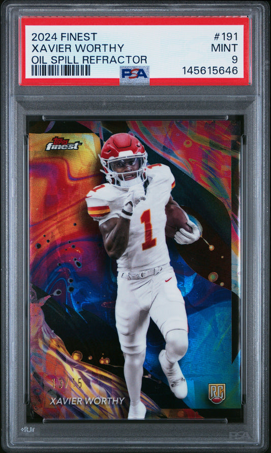 2024 Topps Finest #191 Xavier Worthy Oil Spill Refractor 13/15 PSA 9
