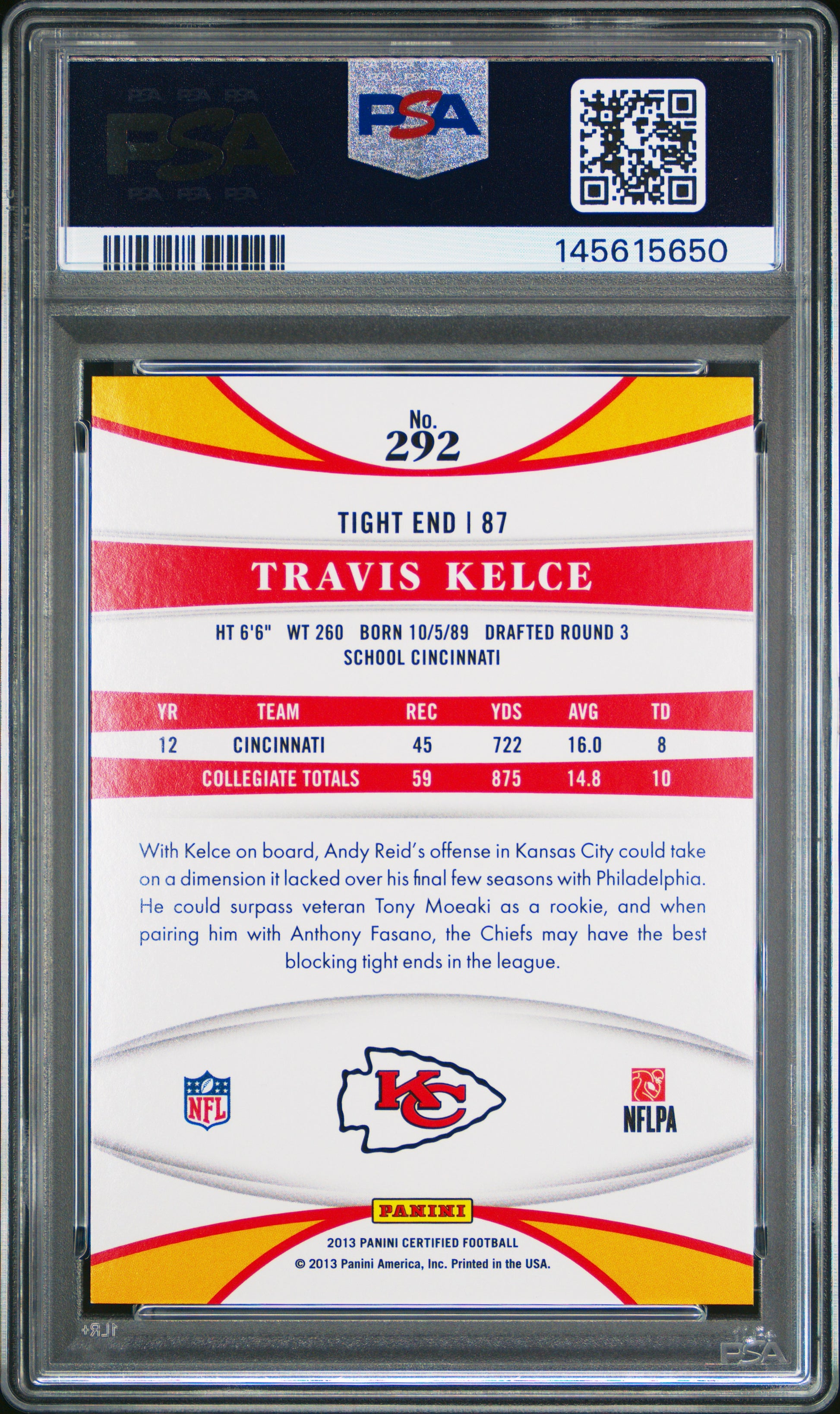 2013 Panini Certified #292 Travis Kelce (RC) 681/999 PSA 9