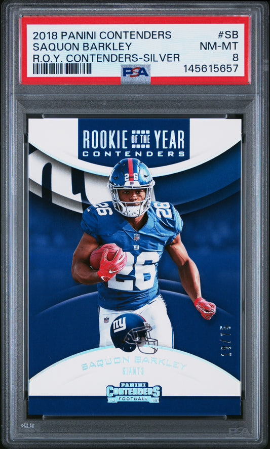 2018 Panini Contenders #RAY-SB Saquon Barkley R.O.Y. -Silver 19/75 1 PSA 8