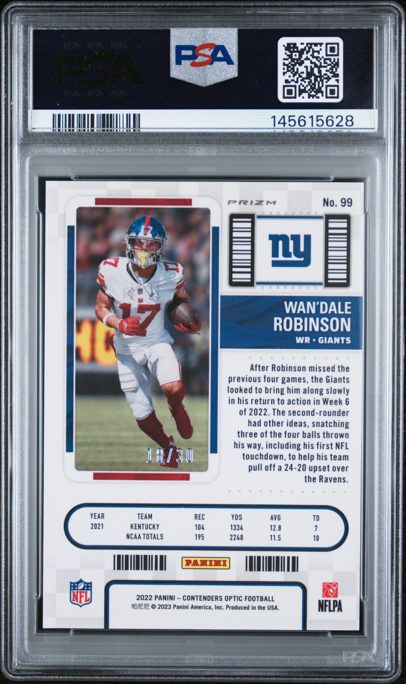 2022 Panini Contenders Optic #99 Wan'Dale Robinson Green Pulsar 18/30 PSA 5