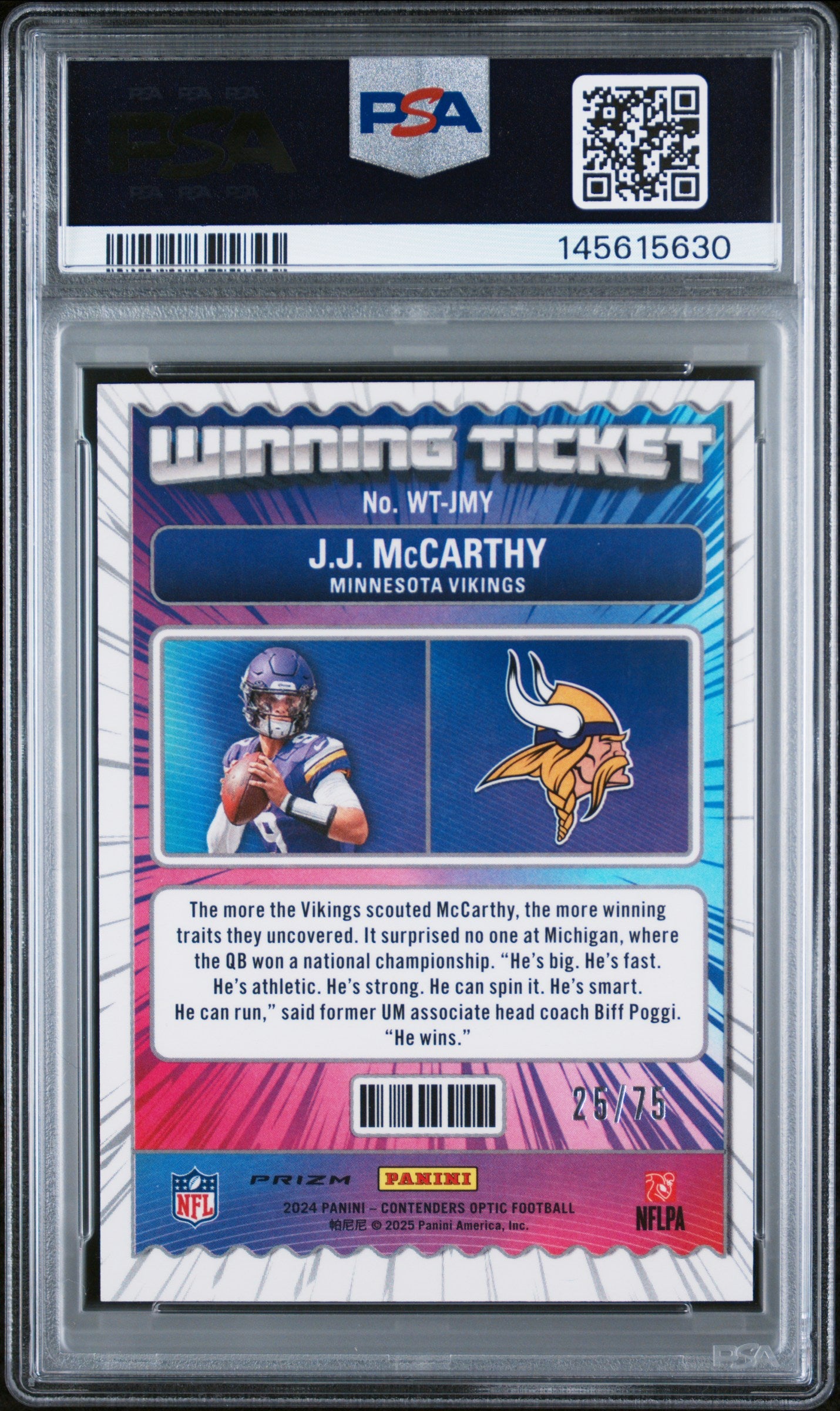 2024 Contenders Optic #WTJMY J.J. Mccarthy (RC) Winning Tickets-Pink 25/75 PSA 8
