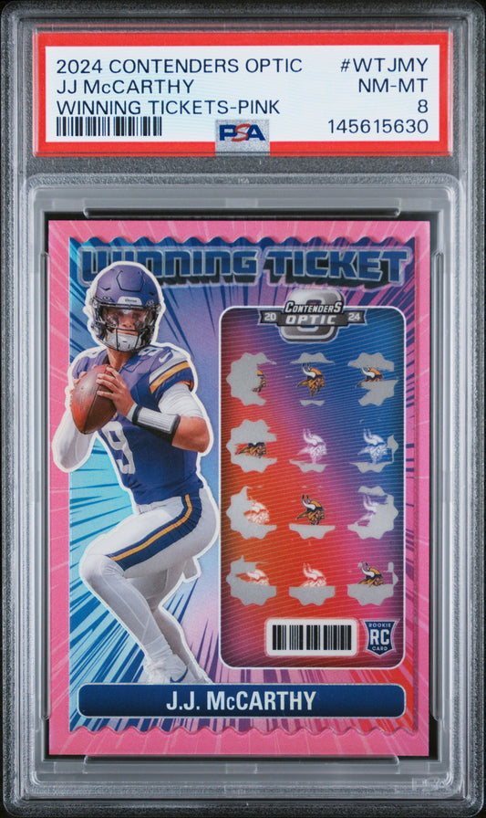 2024 Contenders Optic #WTJMY J.J. Mccarthy (RC) Winning Tickets-Pink 25/75 PSA 8
