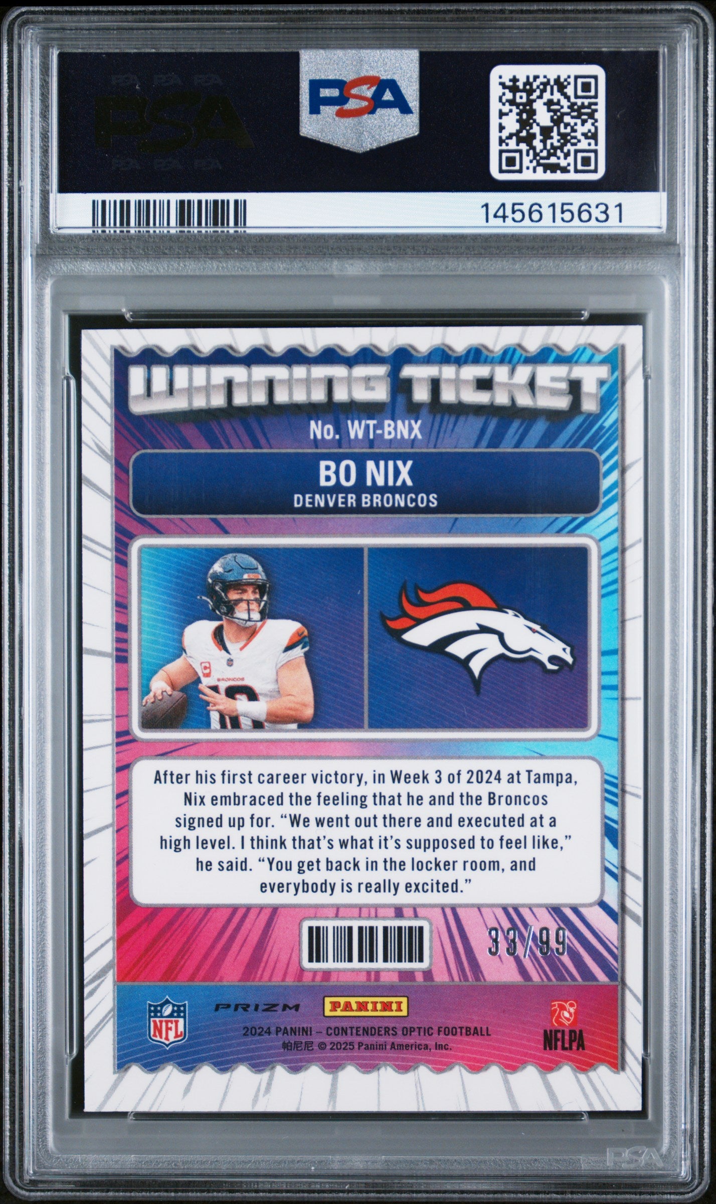 2024 Contenders Optic #WTBNX Bo Nix Winning Ticket Blue 33/99 PSA 8