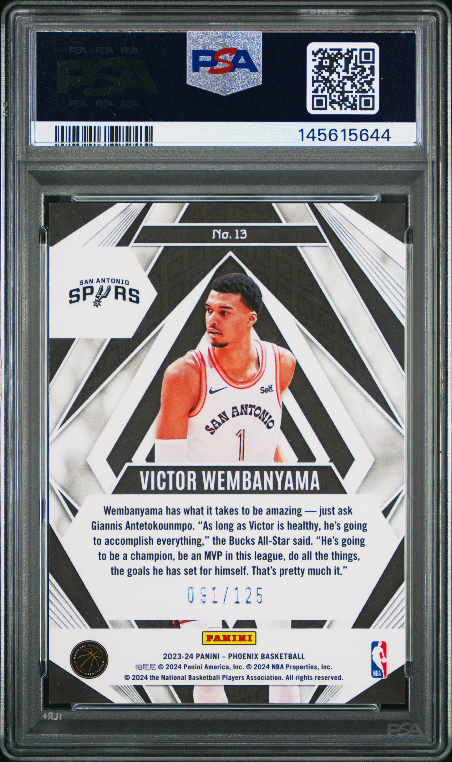 2023 Panini Phoenix #13 Victor Wembanyama Paragon-White Ice 91/125 PSA 9