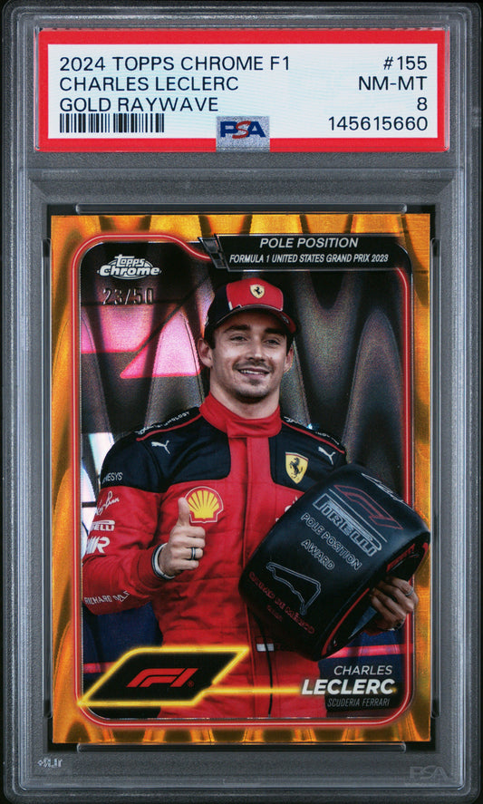2024 Topps Chrome Formula 1 #155 Charles Leclerc Gold Raywave 23/50 PSA 8