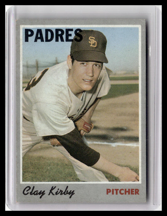 Baseball trading card of a pitcher with 'Padres' on the cap, featuring the name Clay Kirby.