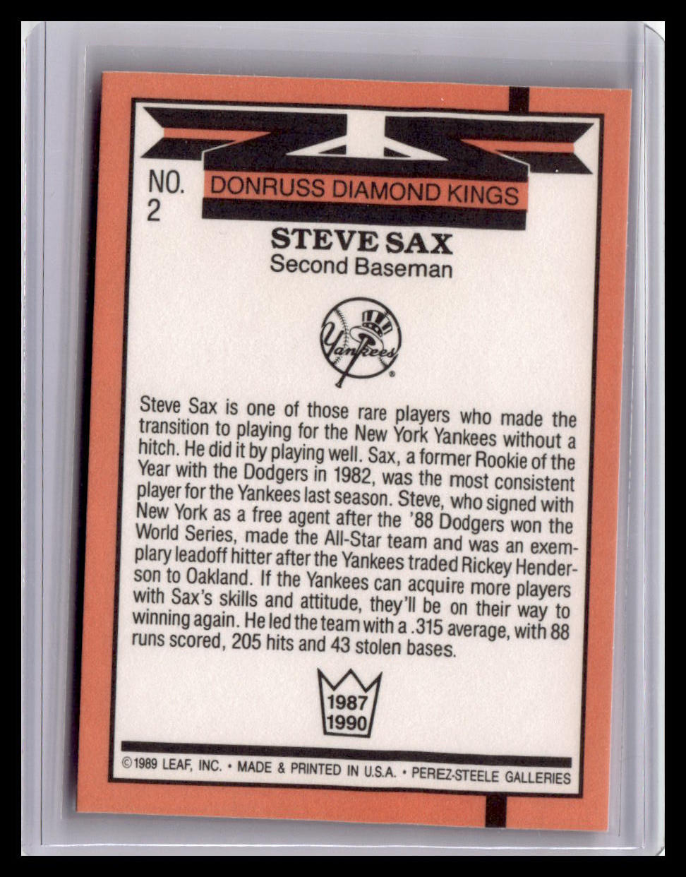 Baseball trading card featuring Steve Sax of the New York Yankees on a white background