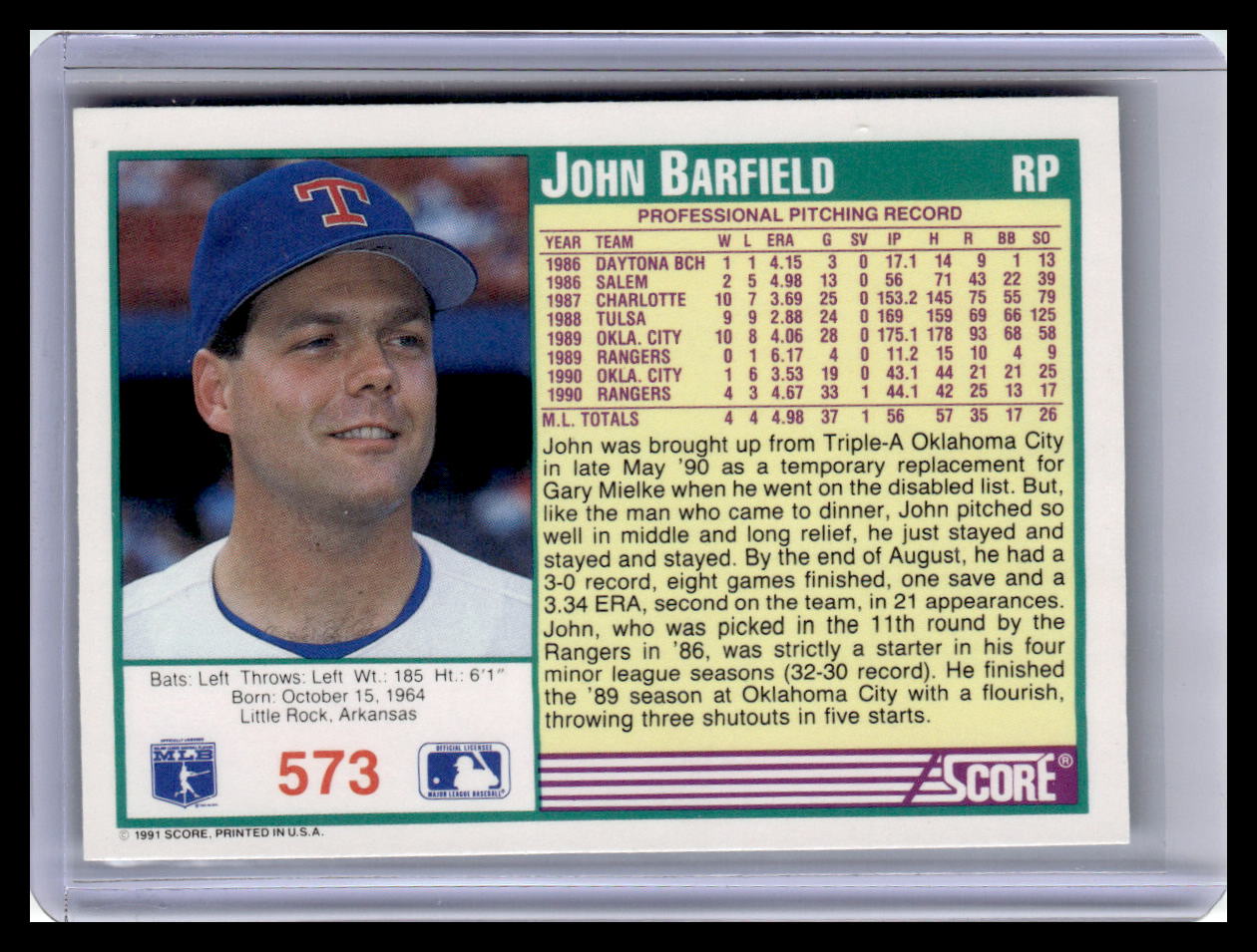 1991 Score John Barfield Teal Border #573