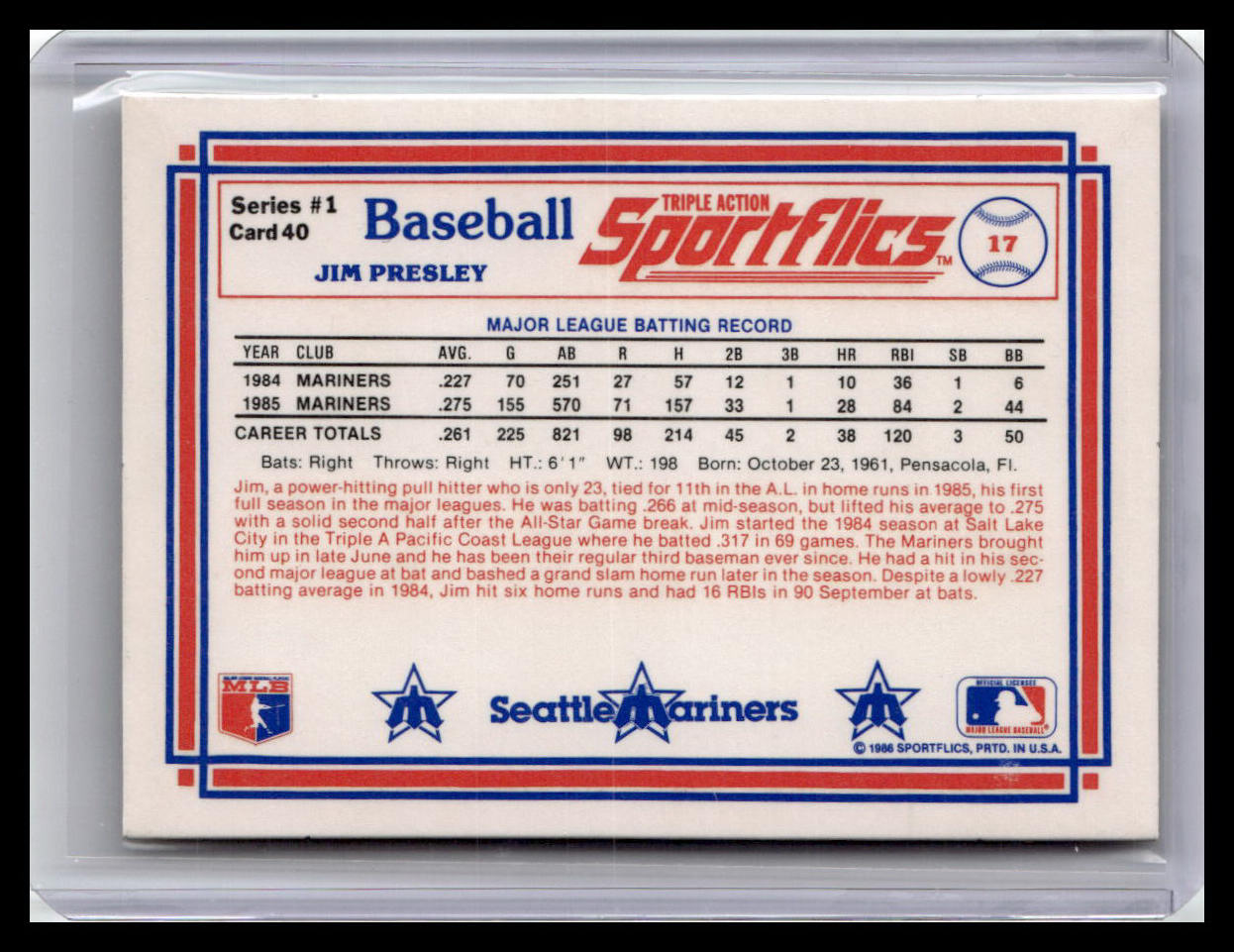 1986 Sportflics Jim Presley #40 Seattle Mariners