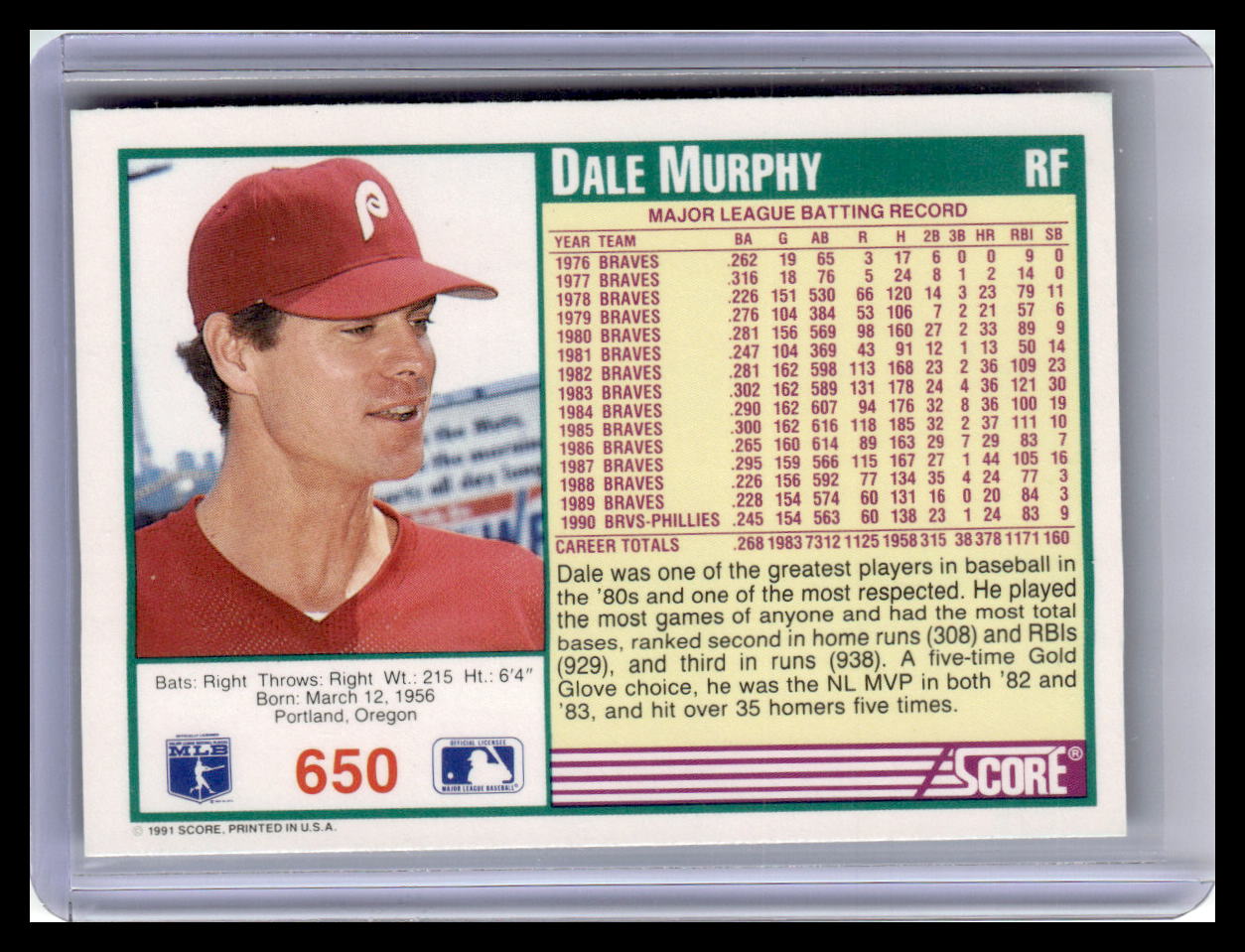 1991 Score Dale Murphy Teal Border #650