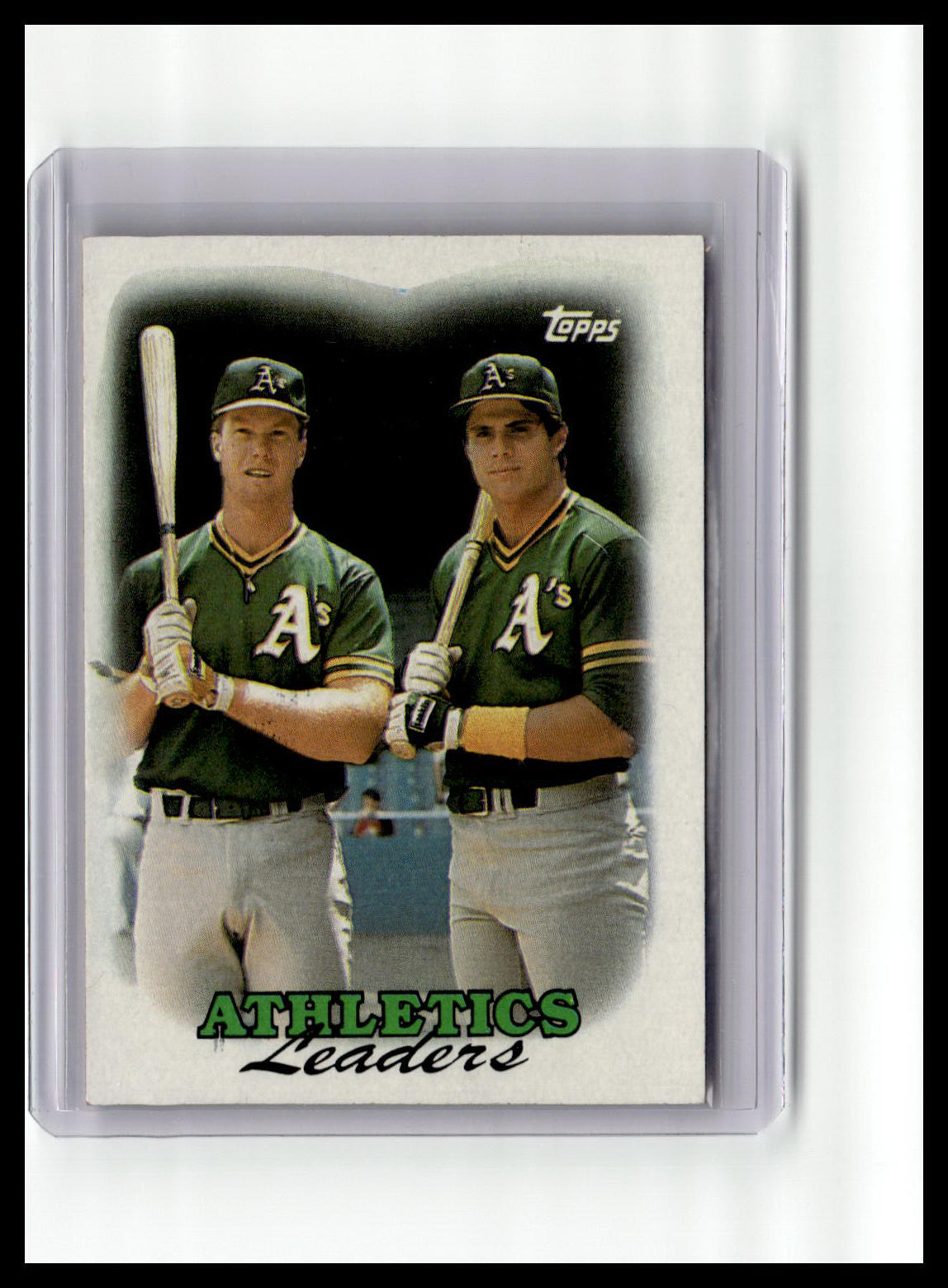Baseball trading card featuring two players in green uniforms with 'Athletics Leaders' text.