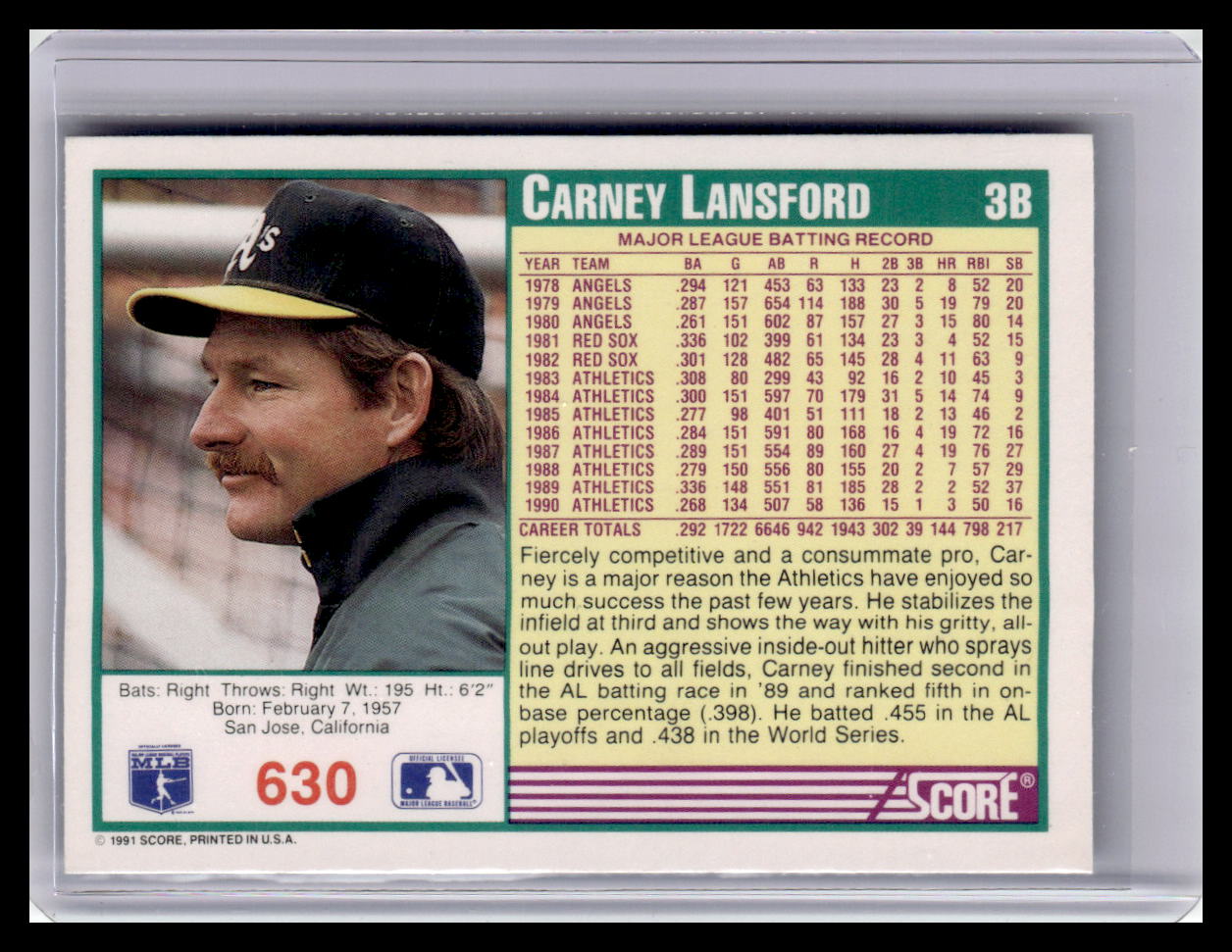 1991 Score Carney Lansford Teal Border #630