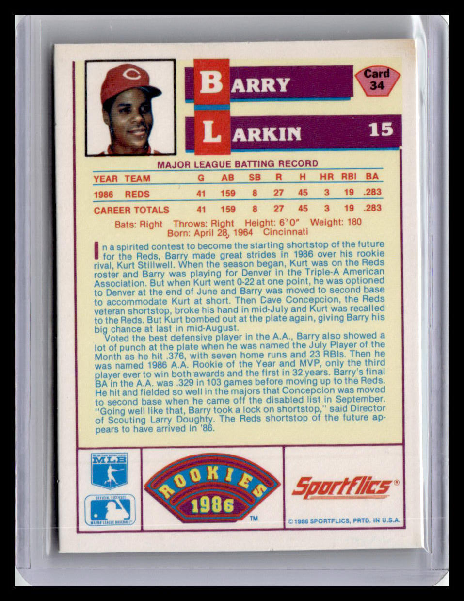 1986 Sportflics Rookies Barry Larkin #34