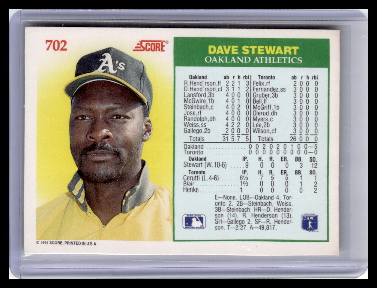 Baseball trading card of Dave Stewart from the Oakland Athletics with a portrait and statistics on a yellow background.