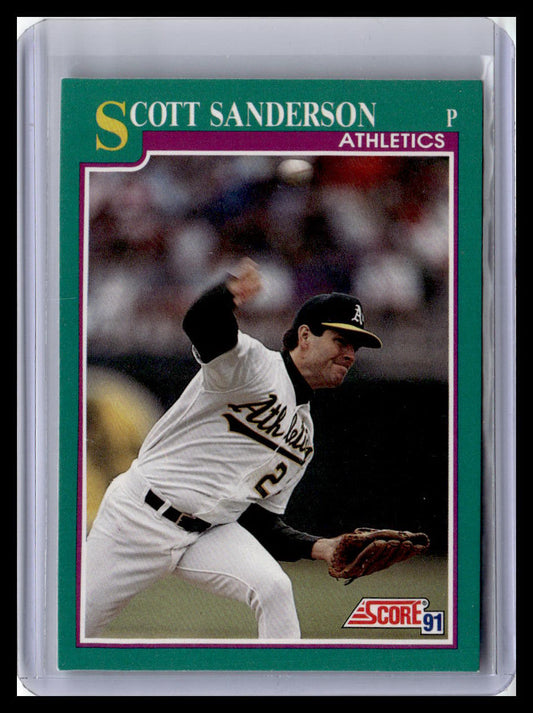 Baseball trading card of Scott Sanderson with a green border and 'Athletics' logo.