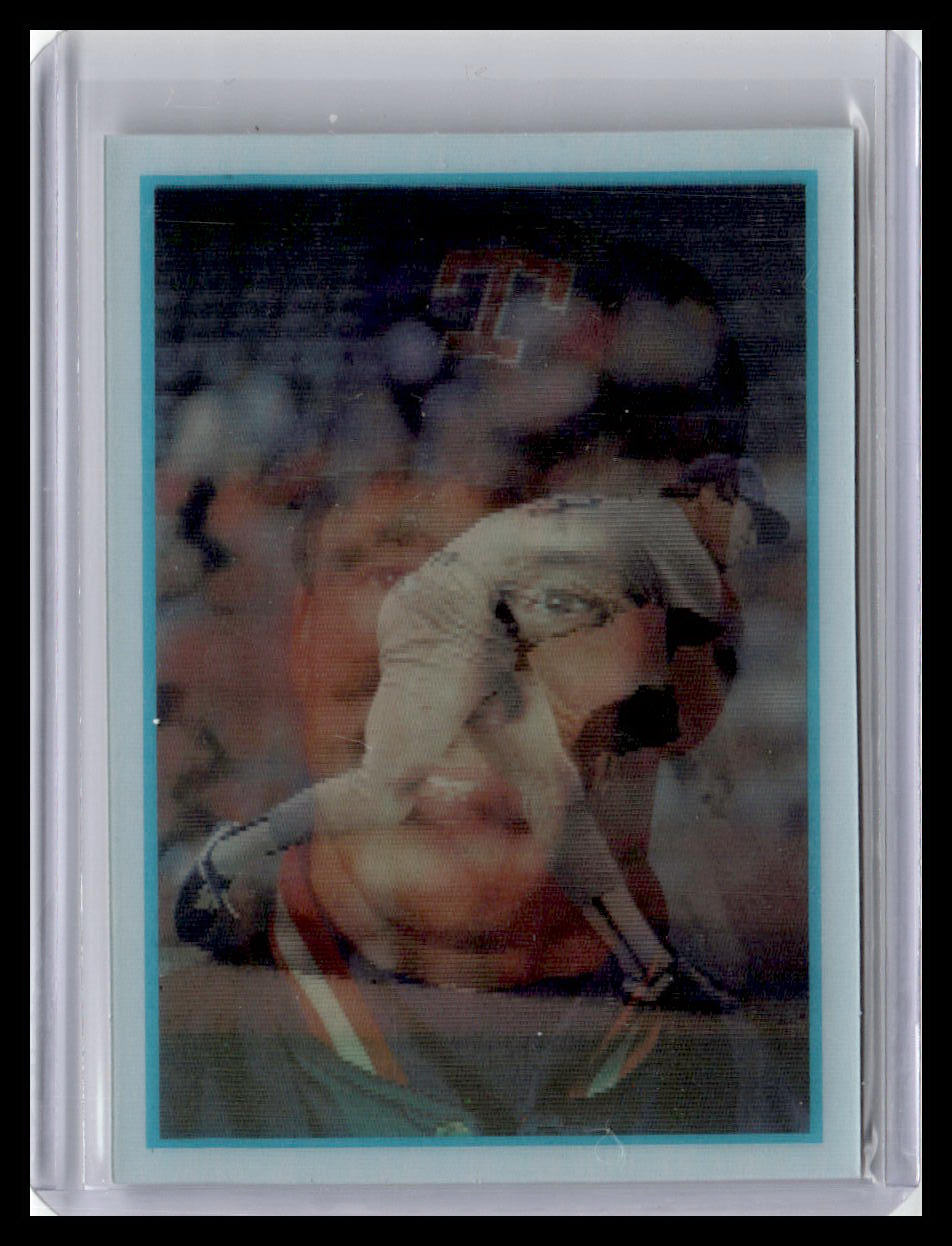 Vintage sports trading card of a player holding a bat with a blue border