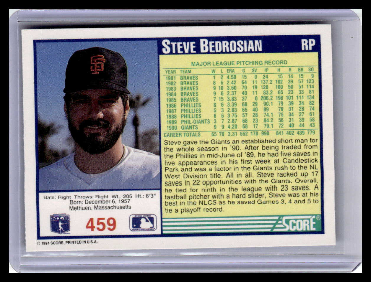 1991 Score Steve Bedrosian Blue Border #459