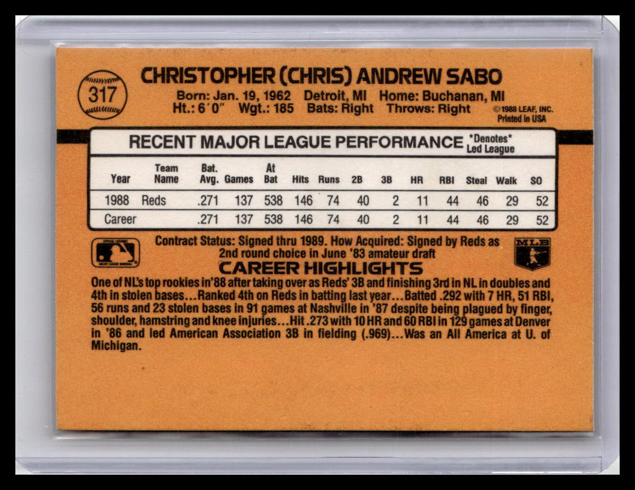 Baseball trading card with player information and statistics on a brown background