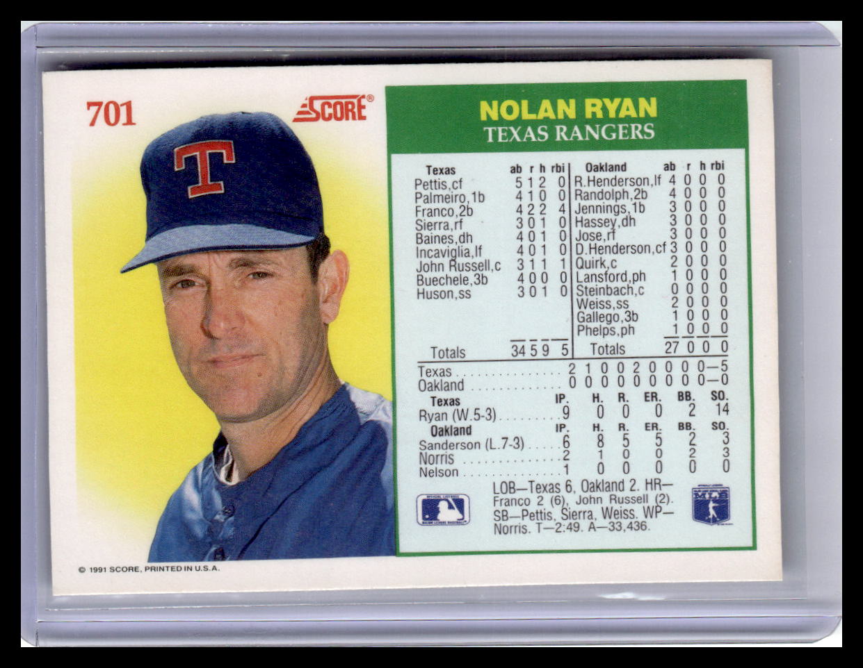1991 Score Nolan Ryan No-Hit Club #701