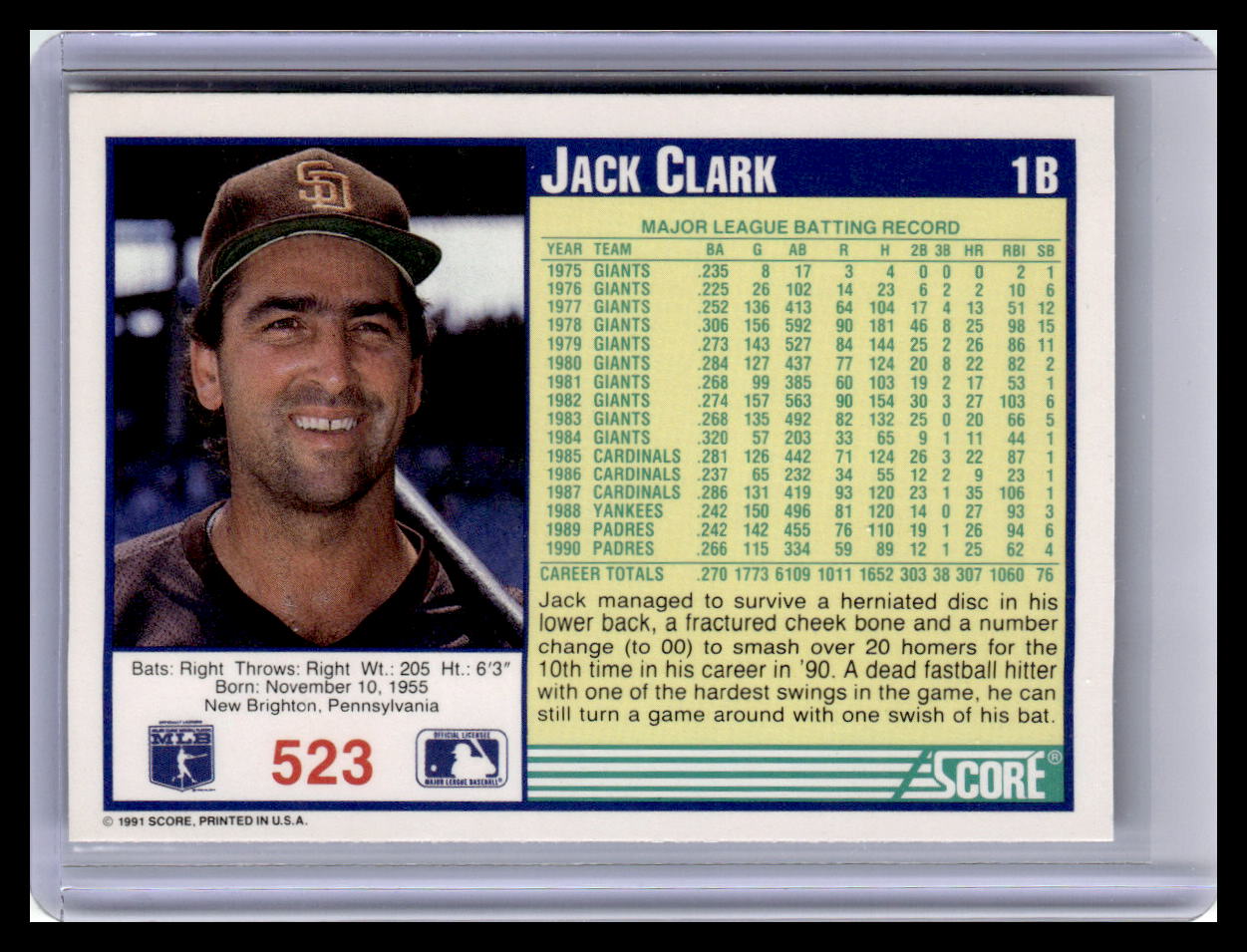 1991 Score Jack Clark Blue Border #523
