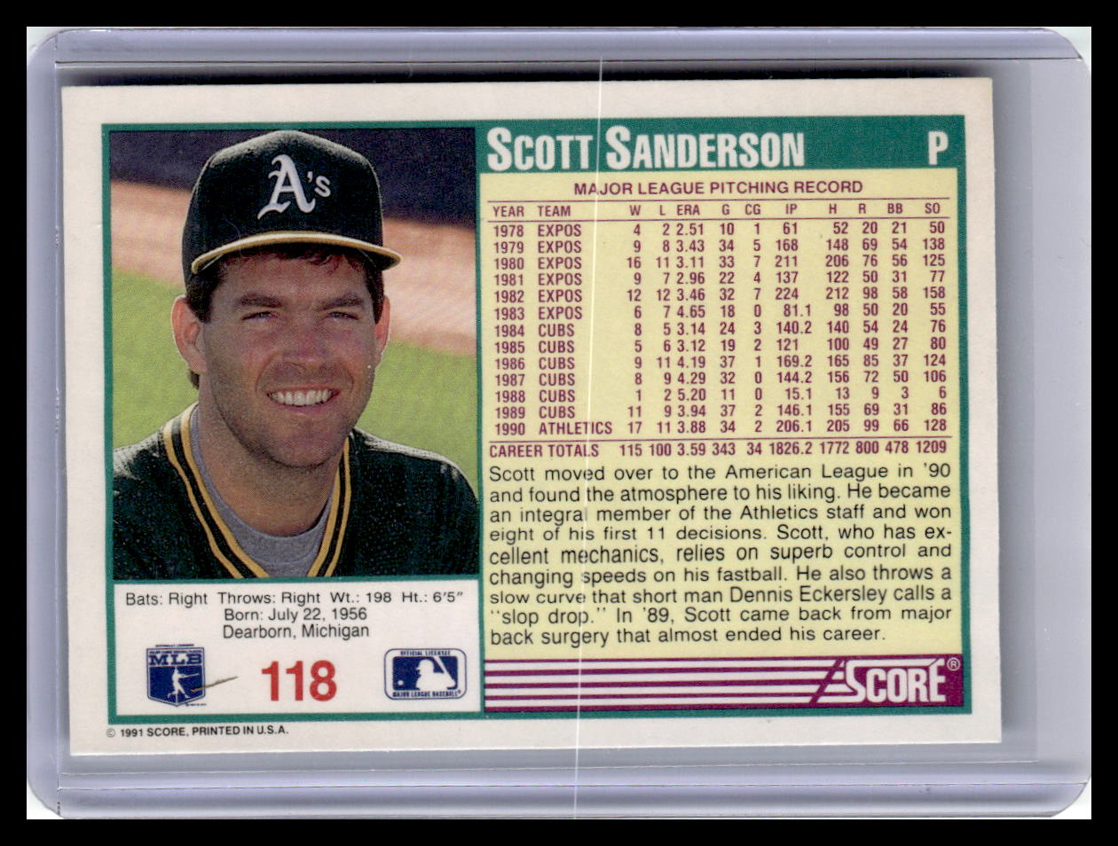Baseball trading card of Scott Sanderson with player information and statistics.