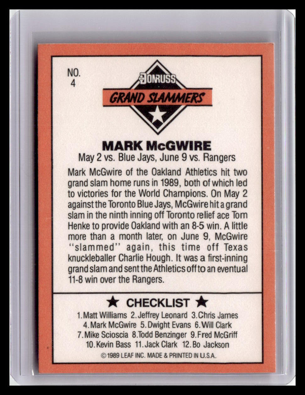 Baseball trading card featuring Mark McGwire with text and branding