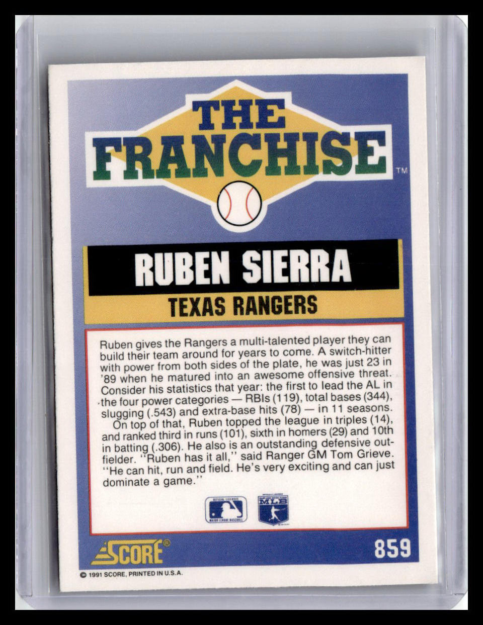 1991 Score Rubin Sierra The Franchise #859