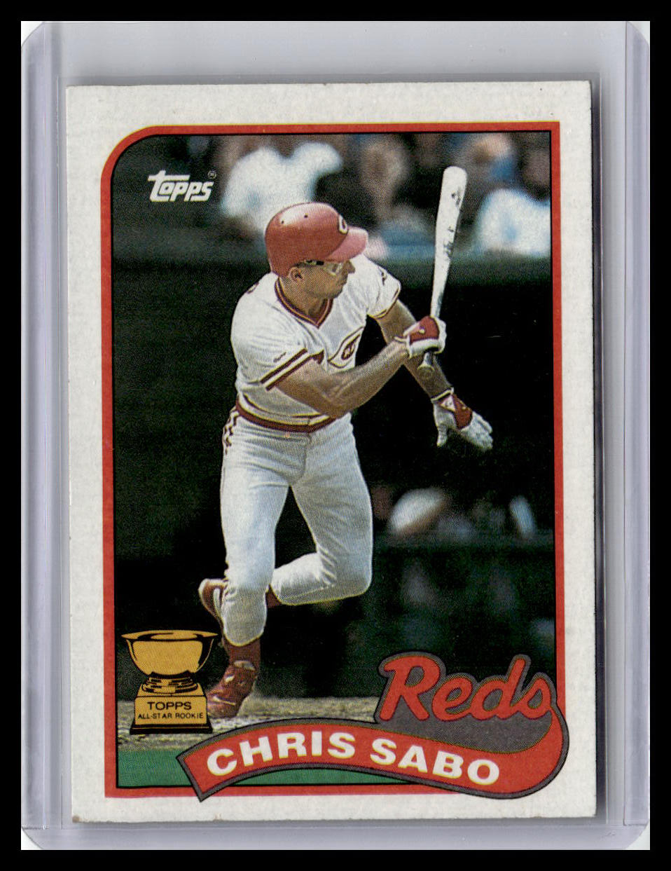 Baseball trading card of Chris Sabo with Cincinnati Reds logo