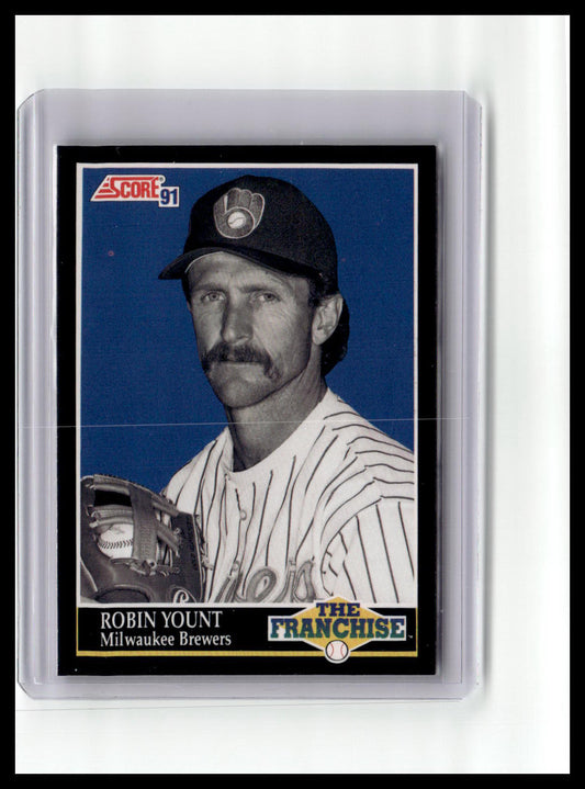 Baseball trading card of Robin Yount with a blue background