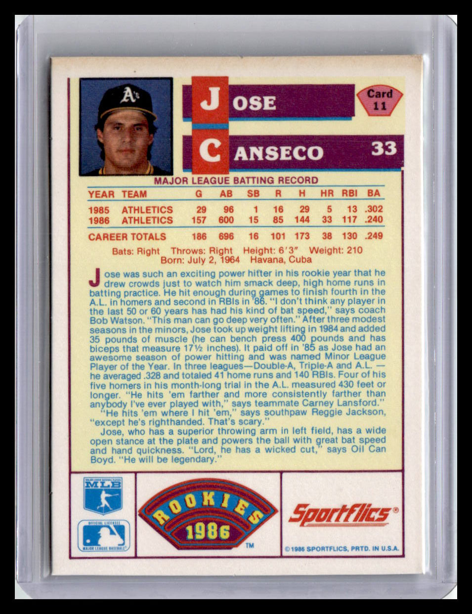 1986 Sportflics Rookies Jose Canseco #11 Oakland Athletics