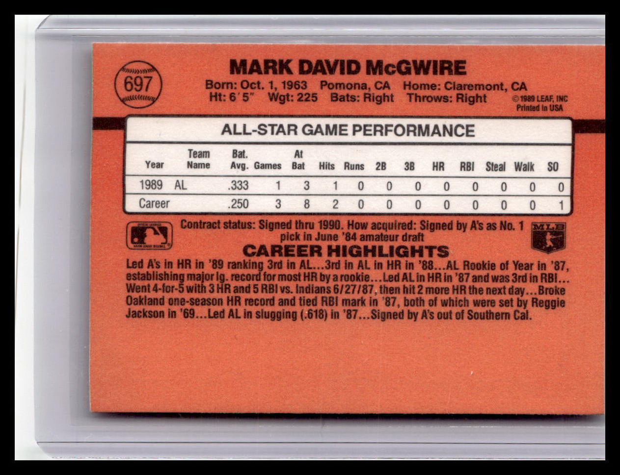 1990 Donruss Mark McGwire All-Star Game #697 (ERROR Card-No period after Inc)
