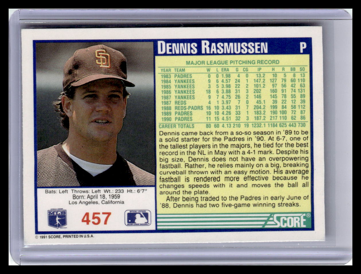 1991 Score Dennis Rasmussen Blue Border #457