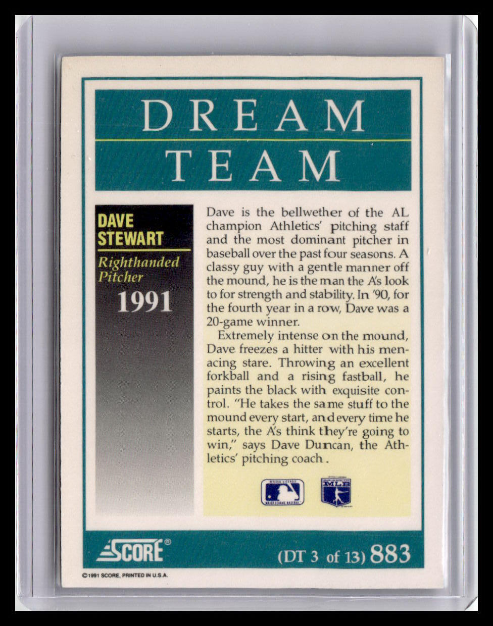 Baseball trading card featuring Dave Stewart of the Dream Team with text and branding.