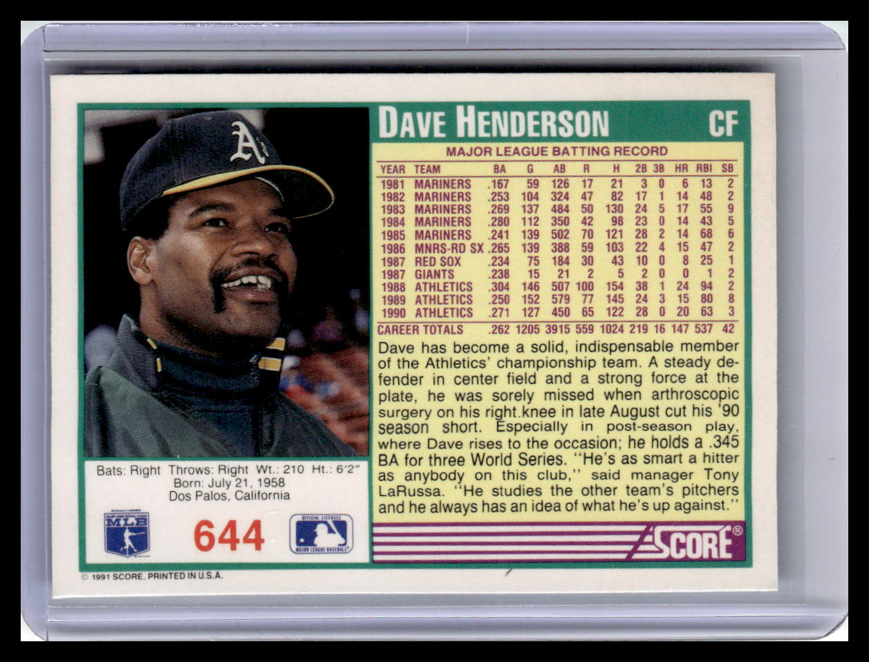 1991 Score Dave Henderson Teal Border #644